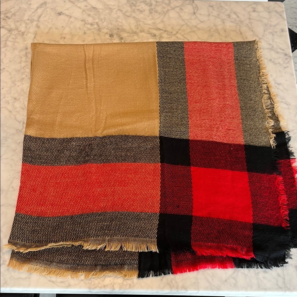 Plaid Blanket Scarf with Red and Tan Accents